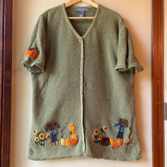 Liz & Me Fall Sweater Autumn Sunflowers Pumpkins Apples Scarecrows Size 1X - Picture 1 of 11
